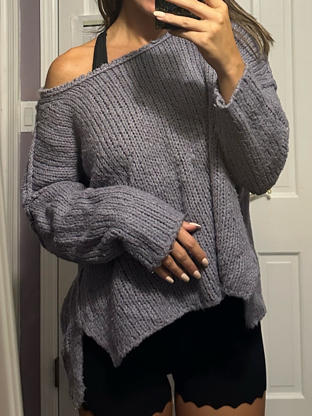 Free People Lavender Gray Off-Shoulder Chunky Knit Sweater